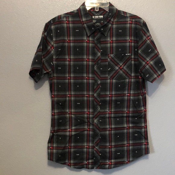 Zoo York shirt Boys Youth large short sleeve black gray red plaid NYC button up - Picture 1 of 9